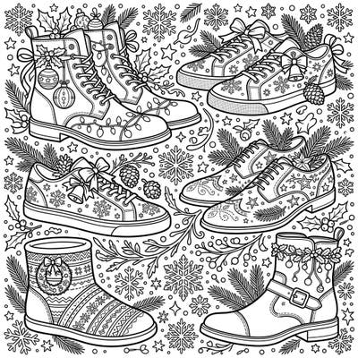 Unwrap the joy of the season with our unique men's Christmas footwear coloring page! Discover an array of stylish shoes, from rugged boots to sleek sneakers, all adorned with intricate holiday decorations for a truly festive coloring experience.