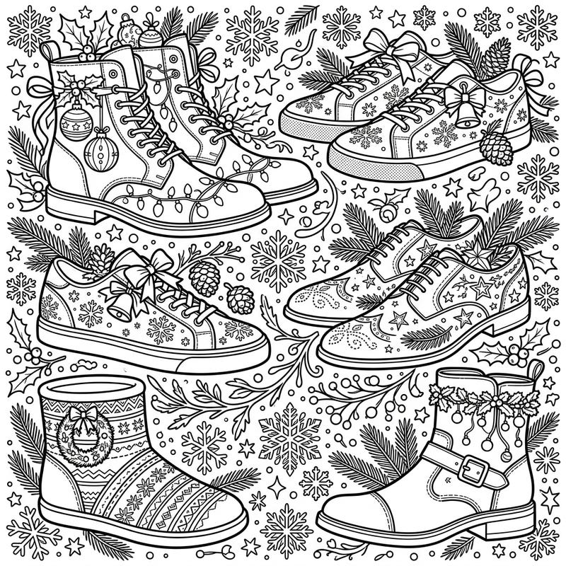 Unwrap the joy of the season with our unique men's Christmas footwear coloring page! Discover an array of stylish shoes, from rugged boots to sleek sneakers, all adorned with intricate holiday decorations for a truly festive coloring experience.