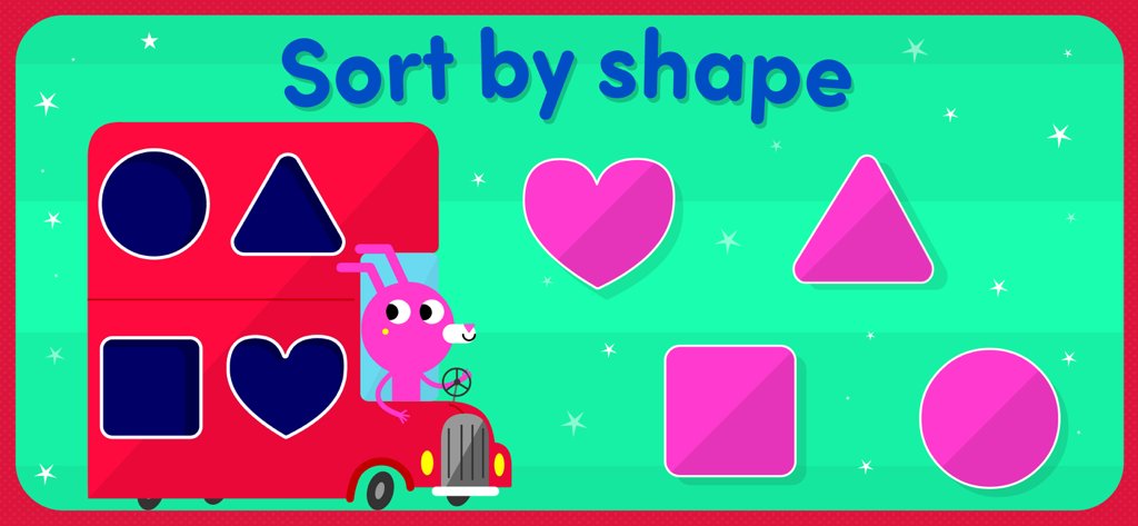A toddler educational game screen showing a pink bunny in a red bus with geometric shapes to sort