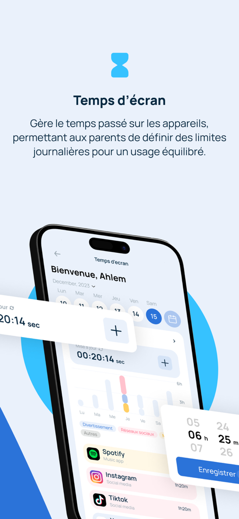 Kidcare : Contrôle parental - Interfaz de la aplicación de control parental Kidcare que muestra la gestión del tiempo de pantalla y los límites de uso diario