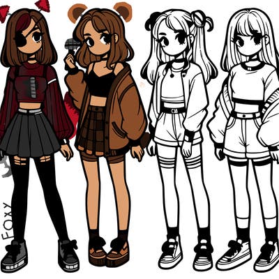 one girl with crop-top shirt and a jacket with a skirt, long socks and another girl with a shirt and pants with a jacket