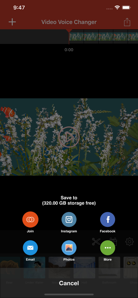 Interface of Video Voice Changer Pro app showing options to save or share edited videos to Instagram and Facebook