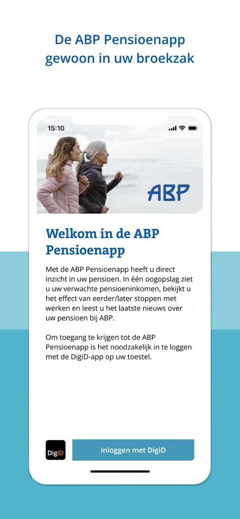 ABP Pensioen - Welcome screen of the ABP Pensioen app featuring a login button with DigiD and an image of two women jogging on the beach.