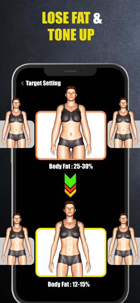 Lose Belly Fat - Abs Workout - 뱃살 빼기 앱 화면에 체지방률 목표 설정(25%에서 12%까지)이 표시됨