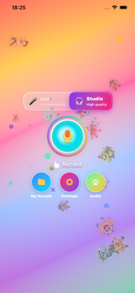 MagicMic: Kids Voice Recorder - Main menu of the MagicMic kids voice recorder app featuring a central record button and colorful characters