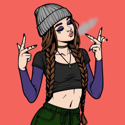 realistic teenage girl with braids and a beanie and crop top doing 🫶🏼