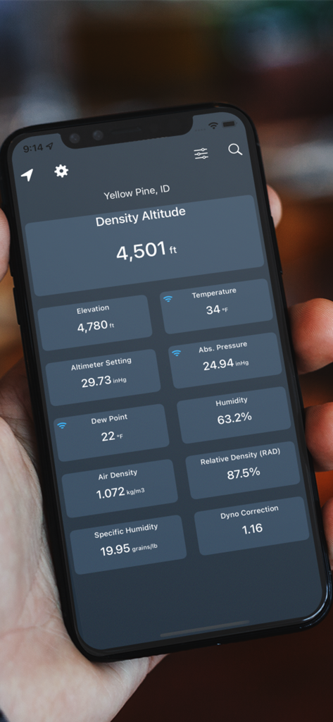 Interface of the Density Altitude Plus app displaying aviation metrics like density altitude, temperature and relative humidity on an iPhone.