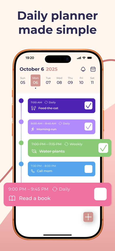 Daily Planner & Task Manager - Uma captura de tela do aplicativo Planejador Diário mostrando uma lista de tarefas diárias codificada por cores com caixas de seleção em um iPhone.