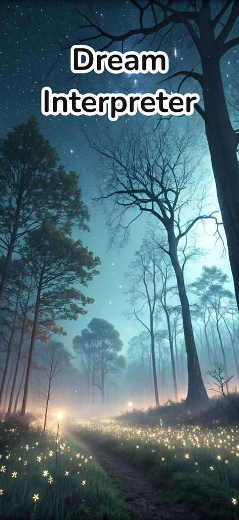 AI Dream Interpretation Diary - Dream Interpreter app screen featuring a mystical forest under a starry night sky with a glowing path.