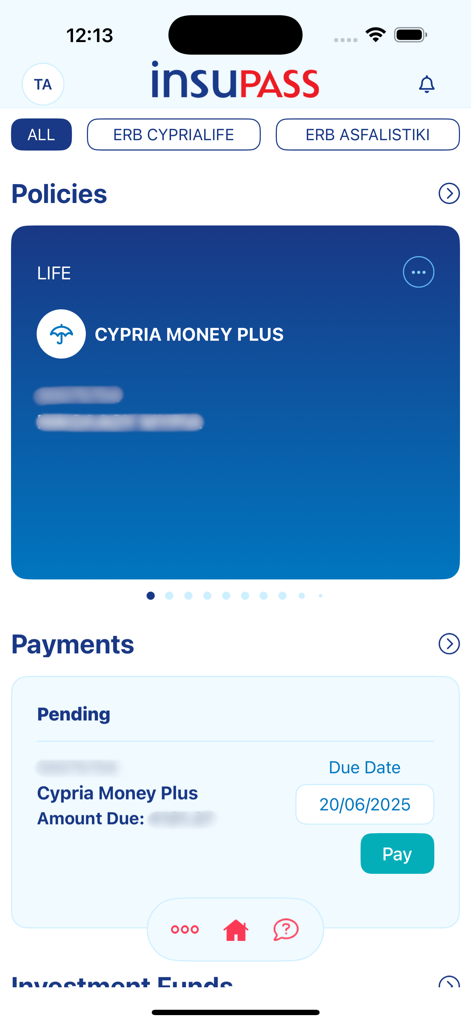Insupass mobile app dashboard displaying insurance policies and pending premium payments
