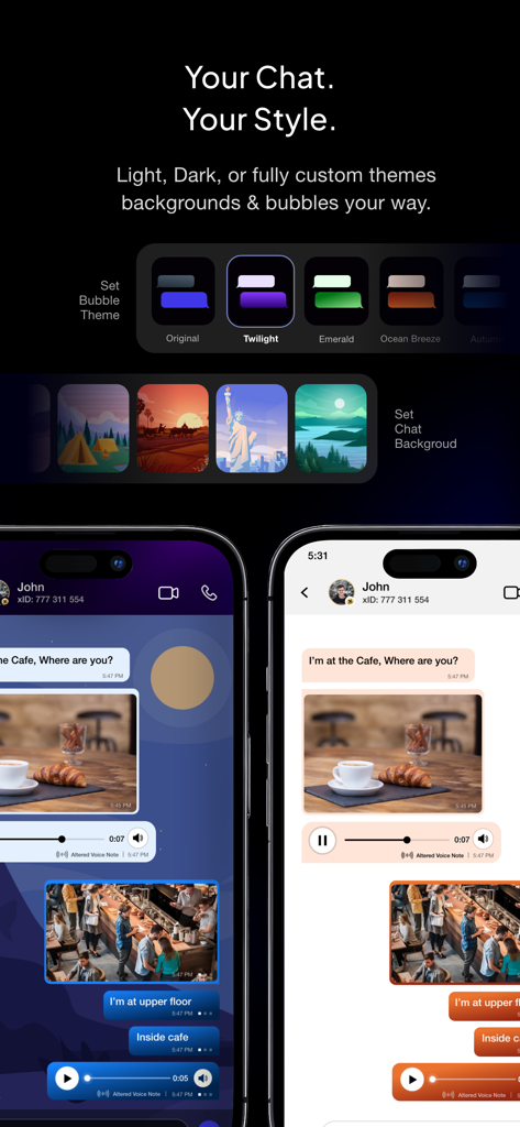 Customizable chat themes and background options for xPal Ultra Secure Messenger