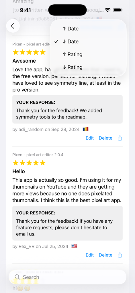 Xreviews - Xreviews app screen showing customer reviews and a sorting menu with options for date and rating
