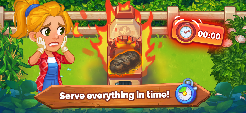 Farming Fever - Cooking game - Un personaje granjero preocupado con pan quemado en un juego de cocina.