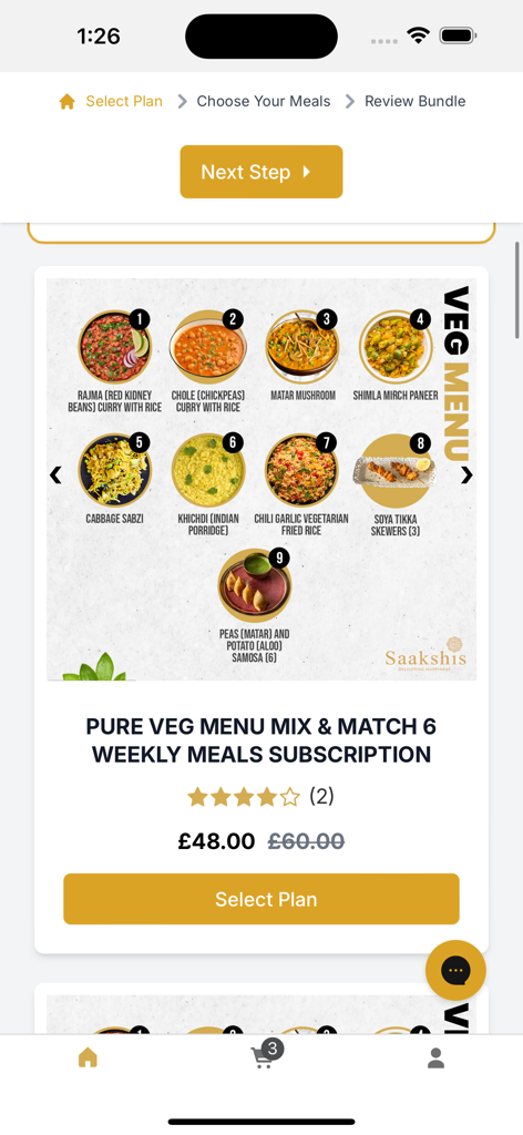 Saakshis - Saakshis app interface displaying a pure vegetarian weekly meal subscription plan with various Indian dishes like Rajma and Chole.