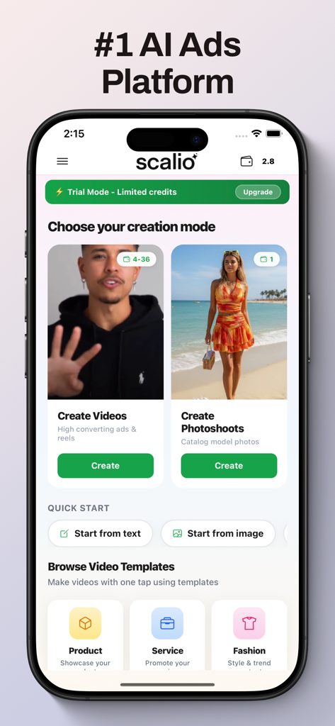 Interfaz de la aplicación Scalio que muestra opciones para crear anuncios de video generados por IA y sesiones de fotos de productos