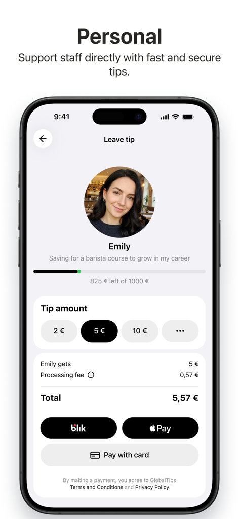 GlobalTips Guest - GlobalTips Guest app interface for leaving a cashless tip to service staff