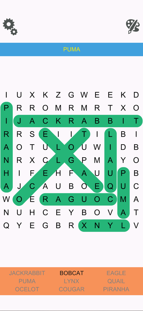 Word Search Epic - A word search puzzle grid showing animal names highlighted in green with a clean interface for casual gameplay.