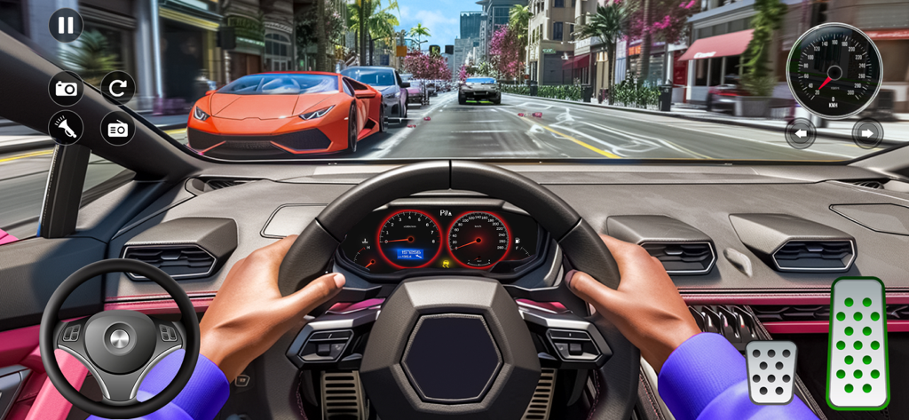 Car Driving Simulator Game - First person view of a sports car interior driving through city traffic