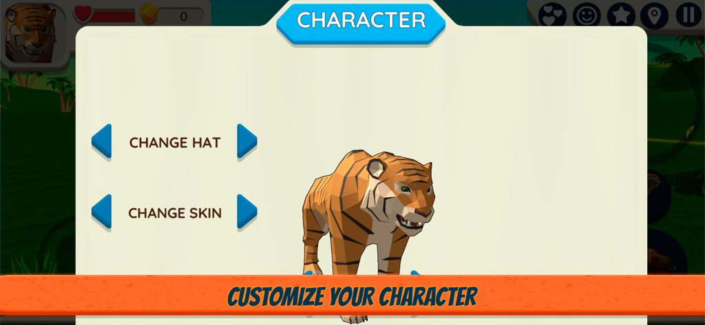 Tiger Simulator 3D character menu showing options to change hats and skins for the tiger