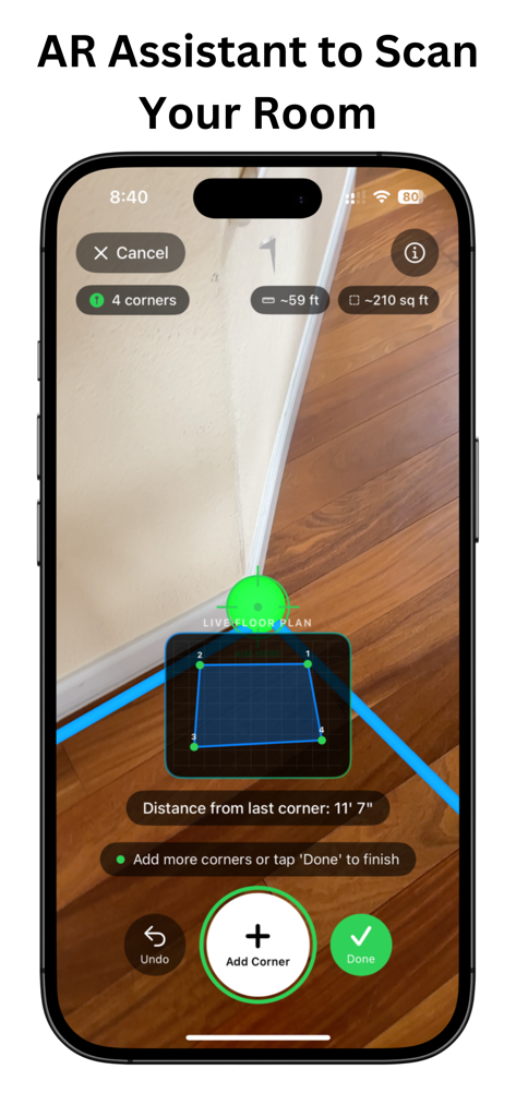 RoomSketch3D FloorPlanner - Asistente de AR escaneando una habitación para crear un plano de planta preciso en un iPhone