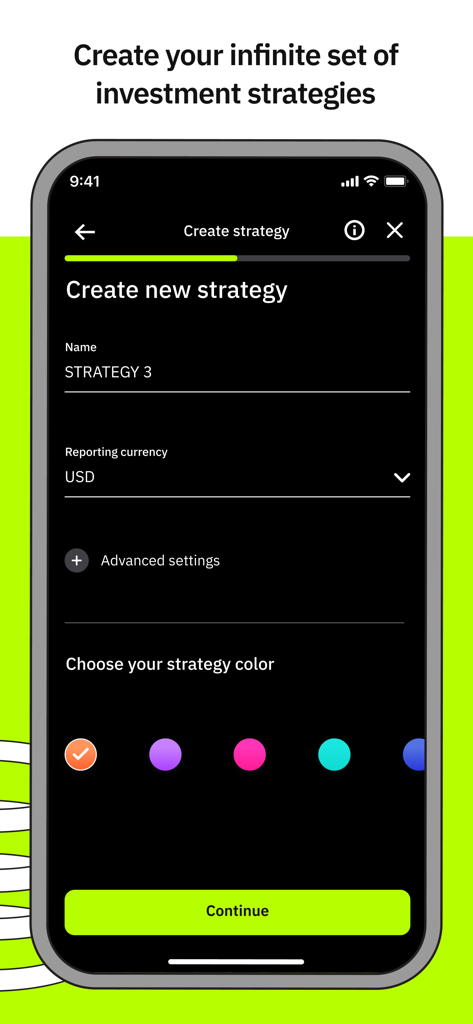 Merlin Investor - Interface of the Merlin Investor app showing the screen to create a new investment strategy with customization options for name currency and color