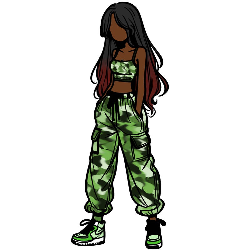 girl in baggy pants crop top and long hair