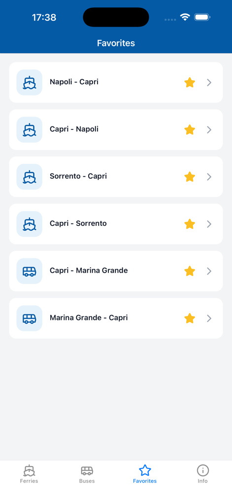 Capri Schedule - Favorites screen of the Capri Schedule app listing saved ferry and bus routes between Naples, Sorrento, and Capri.