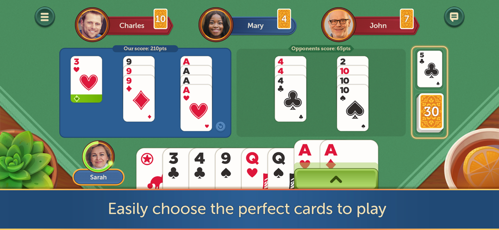 Canasta Fun & Friends - 緑色のデジタルテーブルで見やすいカードで競い合う4人のプレイヤーを示すCanasta Fun and Friendsのゲームプレイ画面