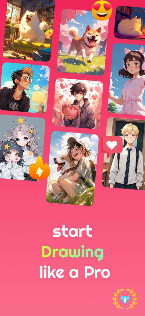 AR Drawing Anime: Sketch Trace - 프로처럼 그림 그리기를 시작하세요라는 문구와 함께 AR 드로잉 애니메이션 앱으로 스케치하기 위한 다채로운 애니메이션 캐릭터 및 반려동물 템플릿 갤러리