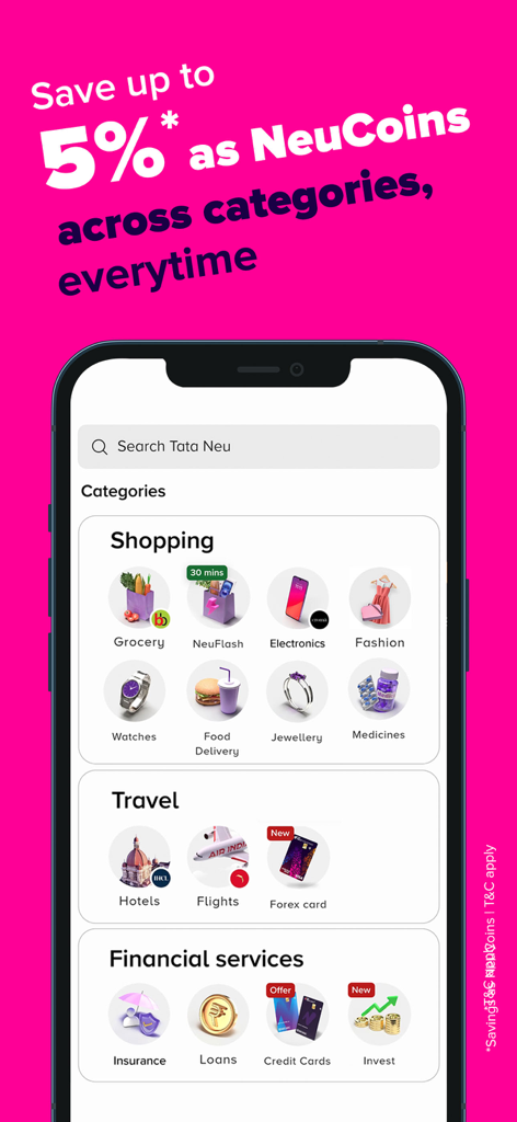 Tata Neu:Shop, Travel, Finance - Tata Neuアプリのインターフェース。ショッピング、旅行、金融サービスなど、複数のカテゴリが表示され、NeuCoinsリワードのプロモーションバナーが表示されています。