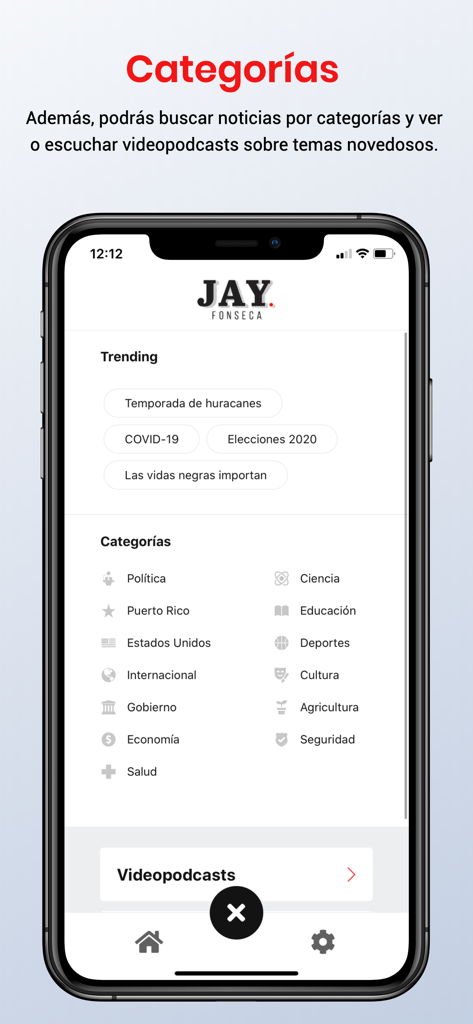 Jay Fonseca app interface showing news categories and trending topics on a smartphone screen.