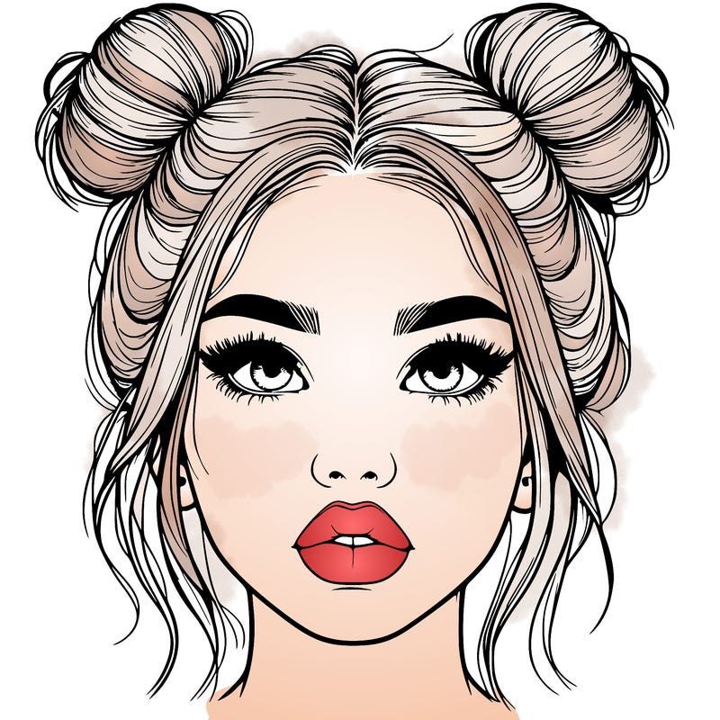 realistic girl with two buns on her hair and lips