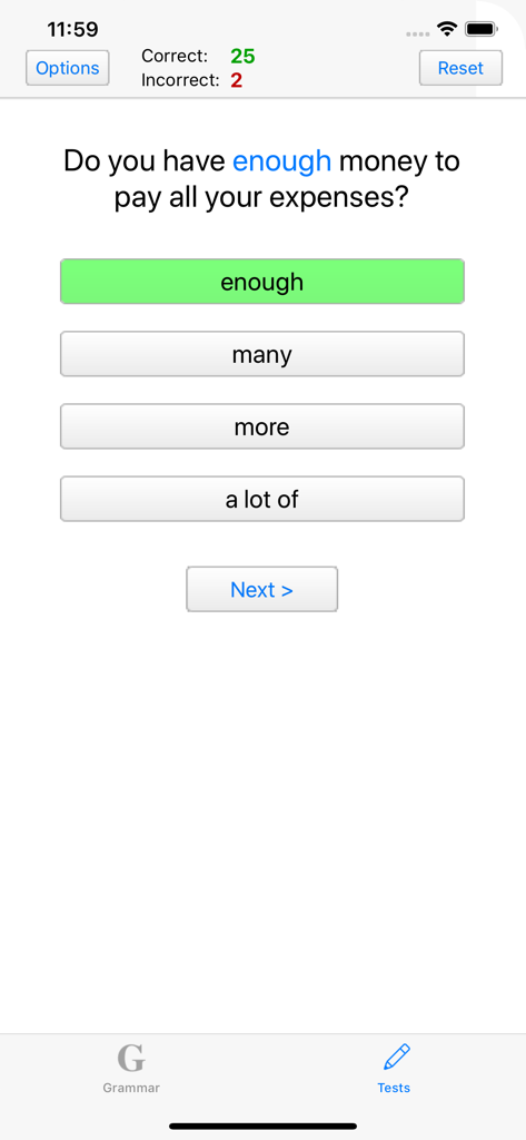 English grammar test interface with multiple choice question and correct answer highlighted