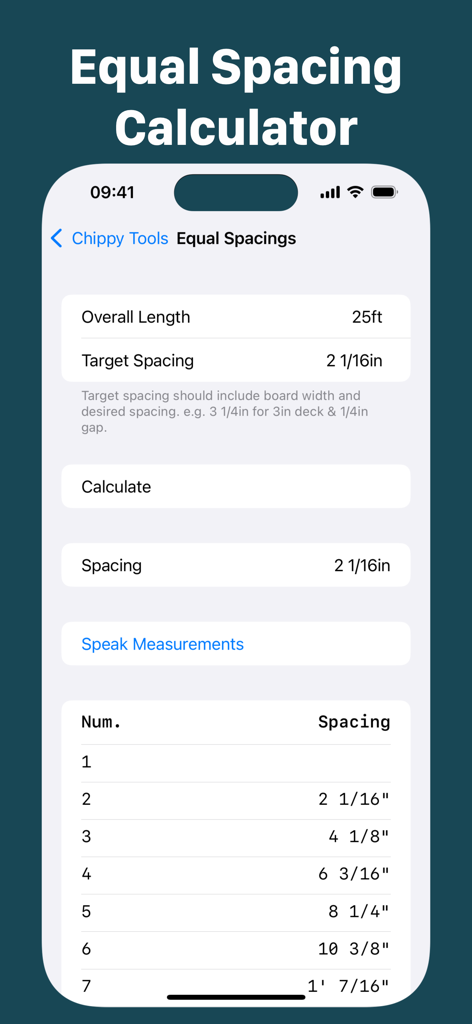 Chippy Tools: Construction - A screenshot of the Chippy Tools construction app showing an equal spacing calculator with imperial unit measurements for professional carpentry.