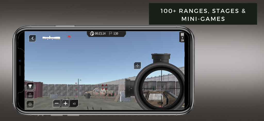 Uma tela de smartphone mostrando o aplicativo Virtual-Shot com uma visão de mira de sniper e um ambiente de campo de tiro ao ar livre.