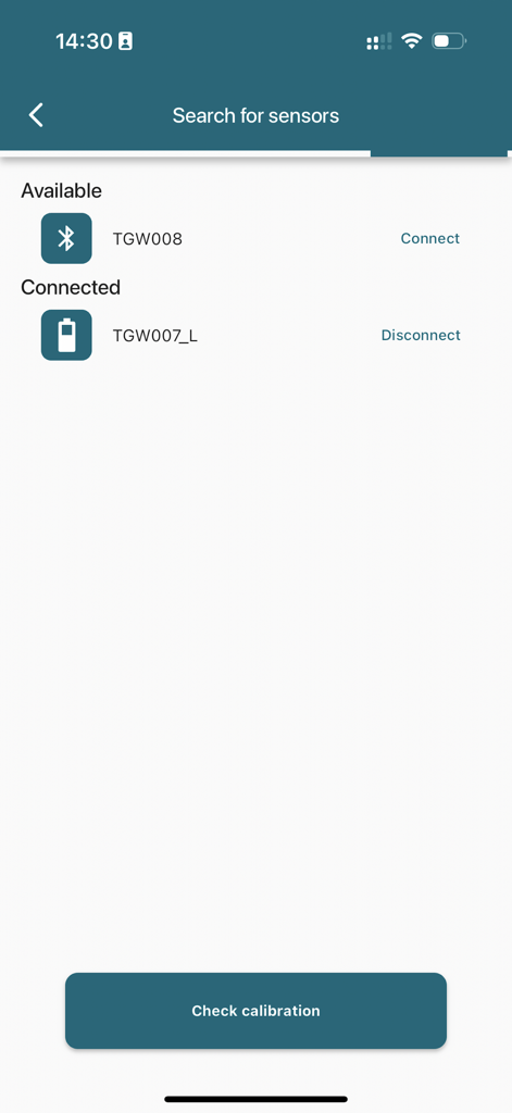 loadapp - Mobile app interface showing Bluetooth pairing for force sensors with available and connected devices