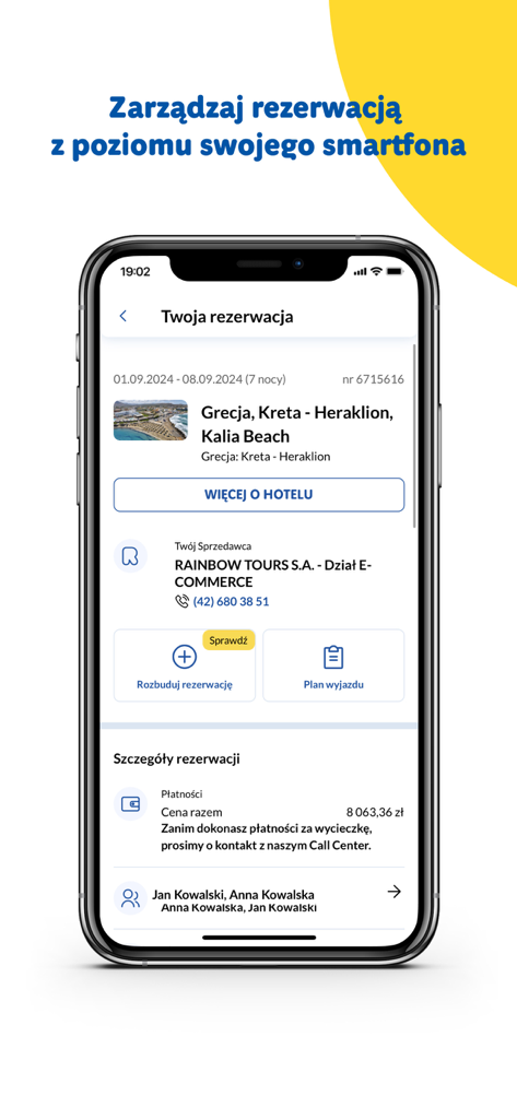 Écran d'application mobile montrant les détails de la réservation de vacances en Grèce, y compris l'hôtel et le plan de voyage