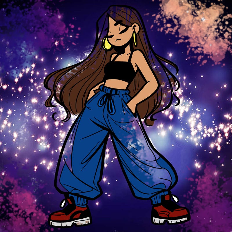 girl in baggy pants crop top and long hair