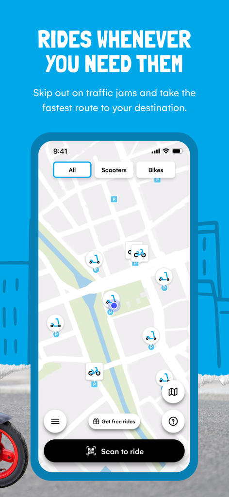 Dott app showing a map with nearby electric scooters and bikes for rent