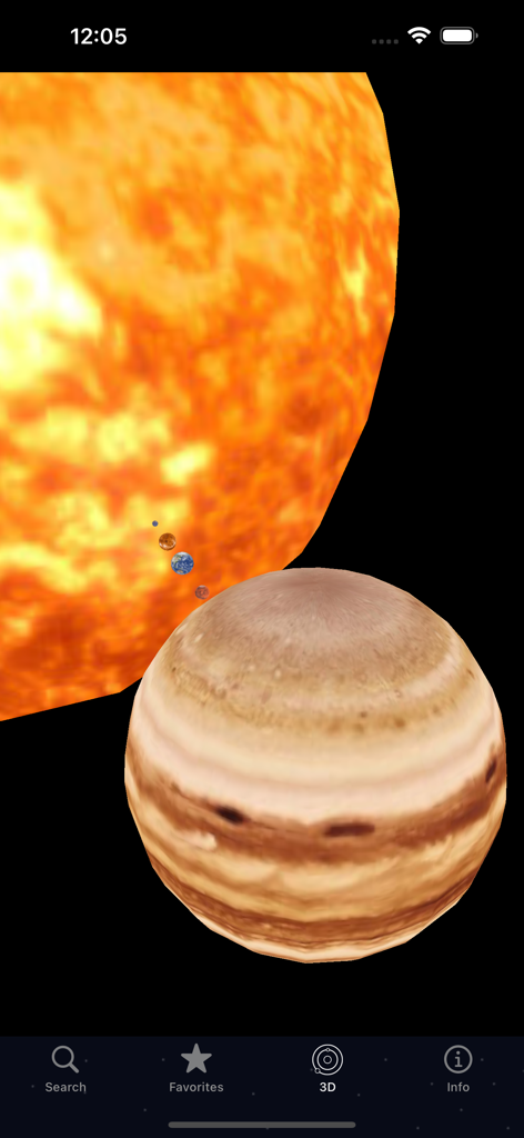 A 3D visualization of Jupiter and the Sun in the Astris solar system explorer app