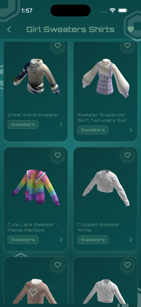 Loto Points – Spin & Rewards - A catalog of aesthetic girl sweater and shirt outfit ideas for Roblox avatars including a pastel rainbow lace sweater and a great wave design