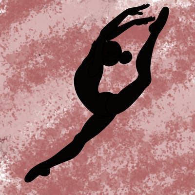 gymnast doing a leap in a leotard with a bent back leg