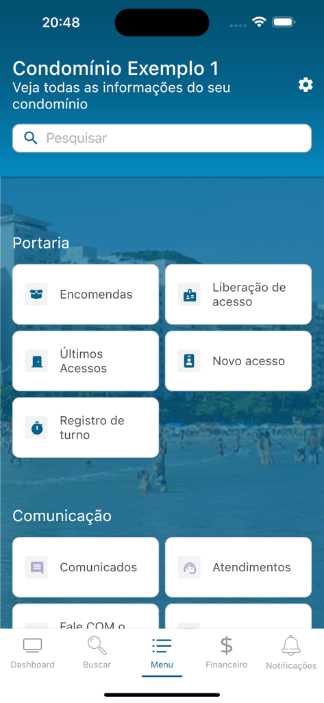Amm Condomínios - Amm Condominios mobile app interface showing concierge and communication management modules