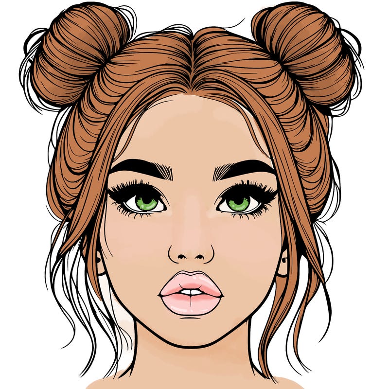 realistic girl with two buns on her hair and lips