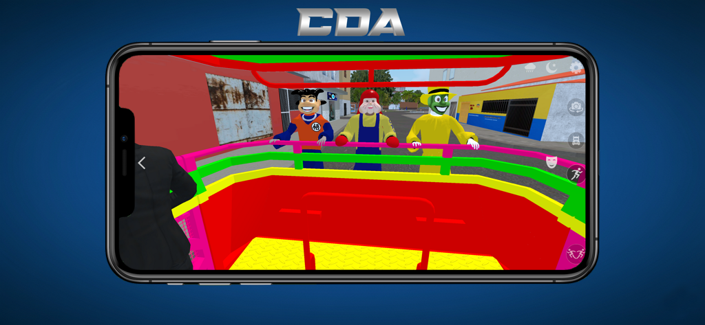 Carreta Da Alegria (Truck) - Three costumed characters standing in the back of a brightly colored truck in the Carreta Da Alegria game.