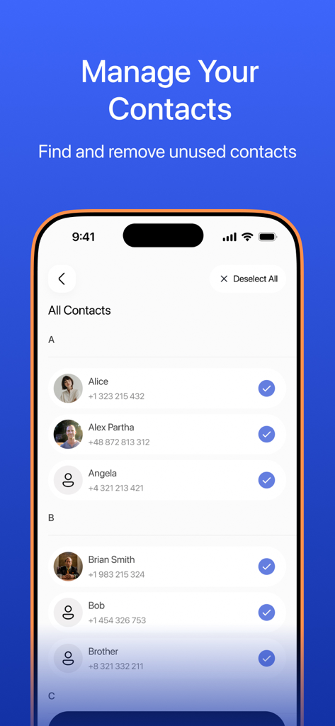 Interface do aplicativo SafeClean para gerenciar contatos e remover entradas não utilizadas