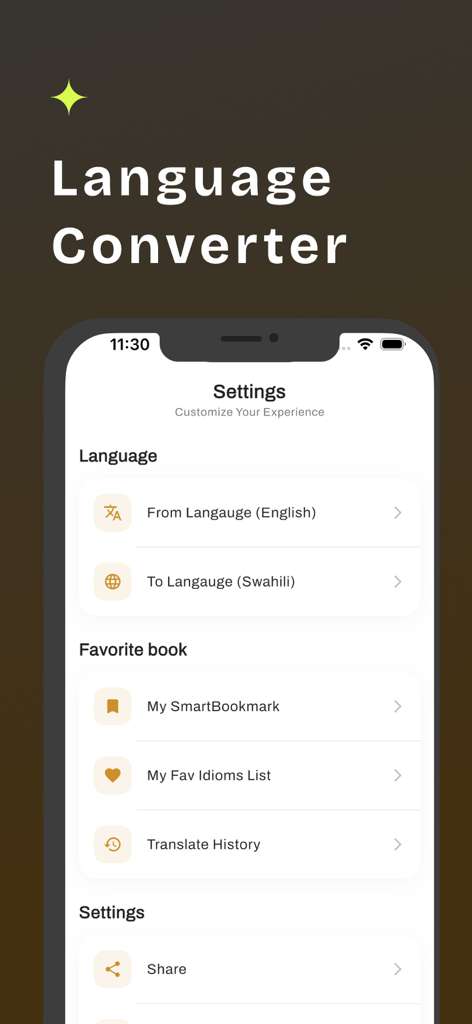Einstellungen-Menü der Swahili-Englisch-Übersetzer-App, das die Sprachauswahl und den Übersetzungsverlauf anzeigt