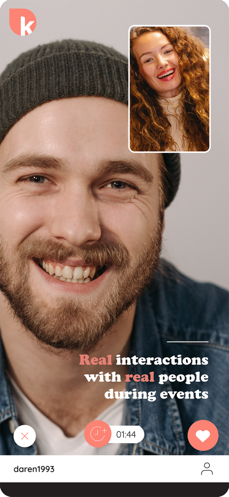 Katch - Events for Everyone - A smartphone screenshot of the Katch app showing a man and a woman in a video call during a live event with the text Real interactions with real people during events