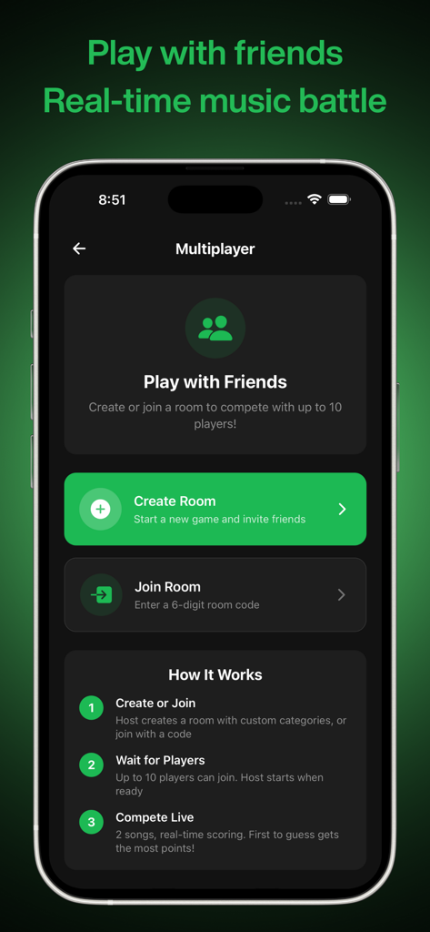 Guessong: Music Guessing Game - Schermata multigiocatore dell'app Guessong che mostra opzioni per creare o unirsi a una stanza per battaglie di trivia musicali in tempo reale con gli amici