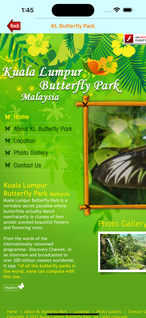 クアラルンプールバタフライパークの情報ページ。緑豊かな熱帯デザインとフォトギャラリーが特徴です。